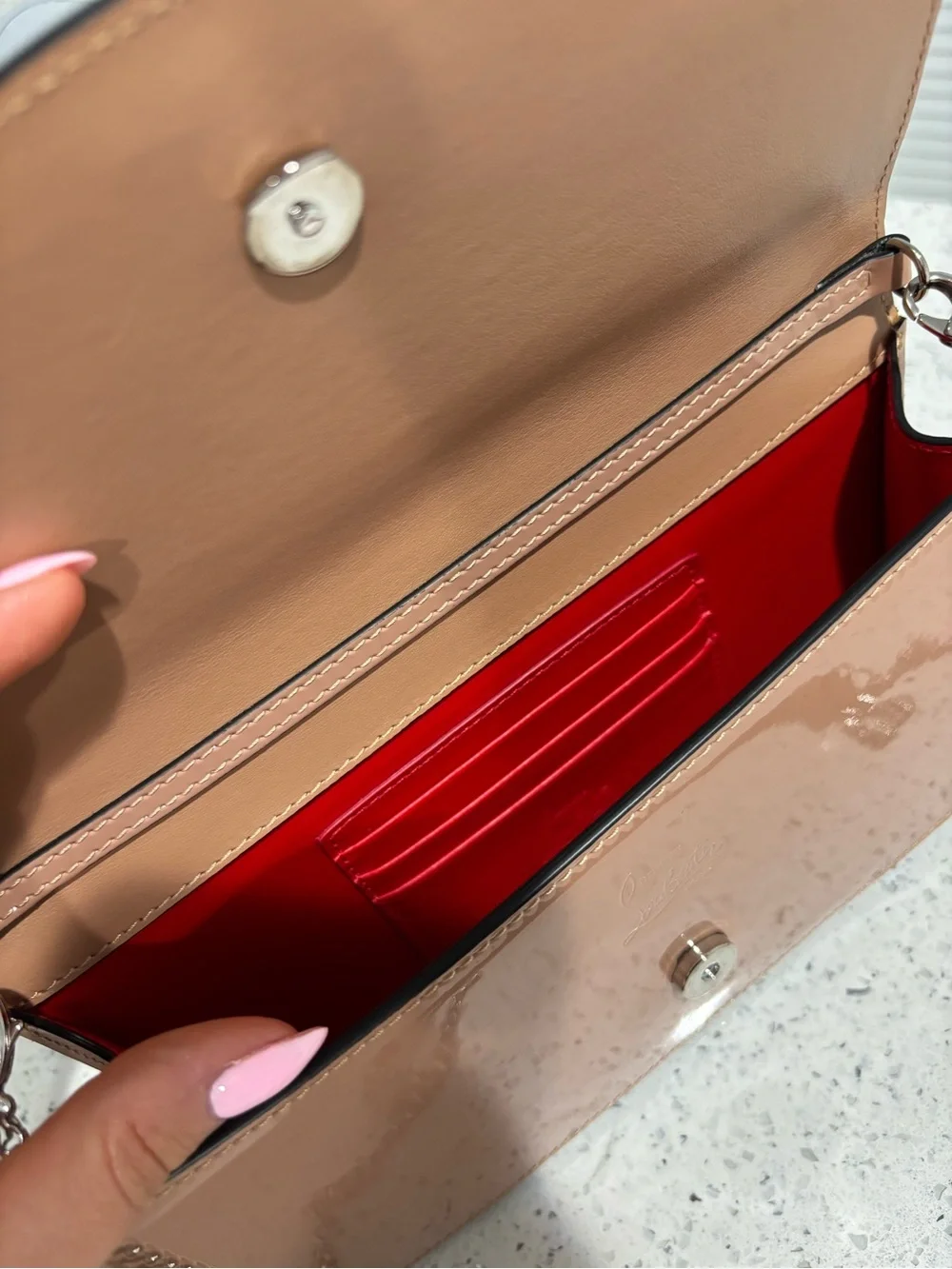 Christian Louboutin Blush Patent Leather Clutch with Removable Chain